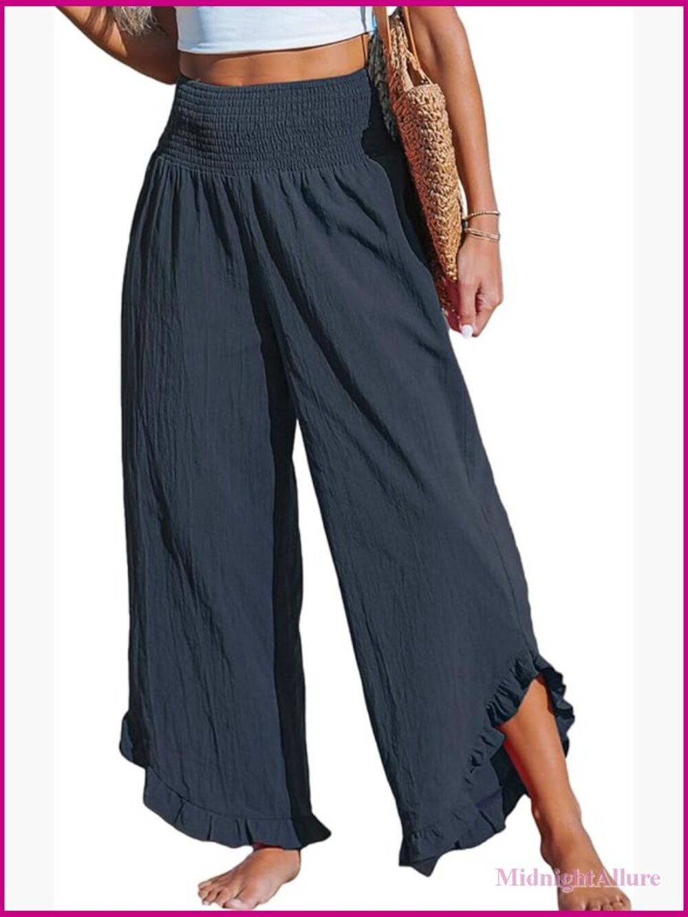 Smocked Waist Wide Leg Pants with Ruffle Cuffs, Loose Fit